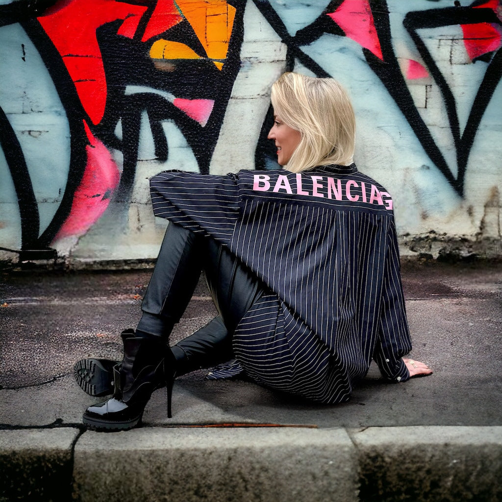 BALENCIAGA Striped Logo Blouse | Size Small