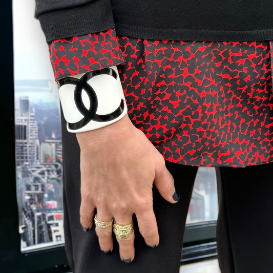 CHANEL Resin CC Cuff in White & Black | Size Small