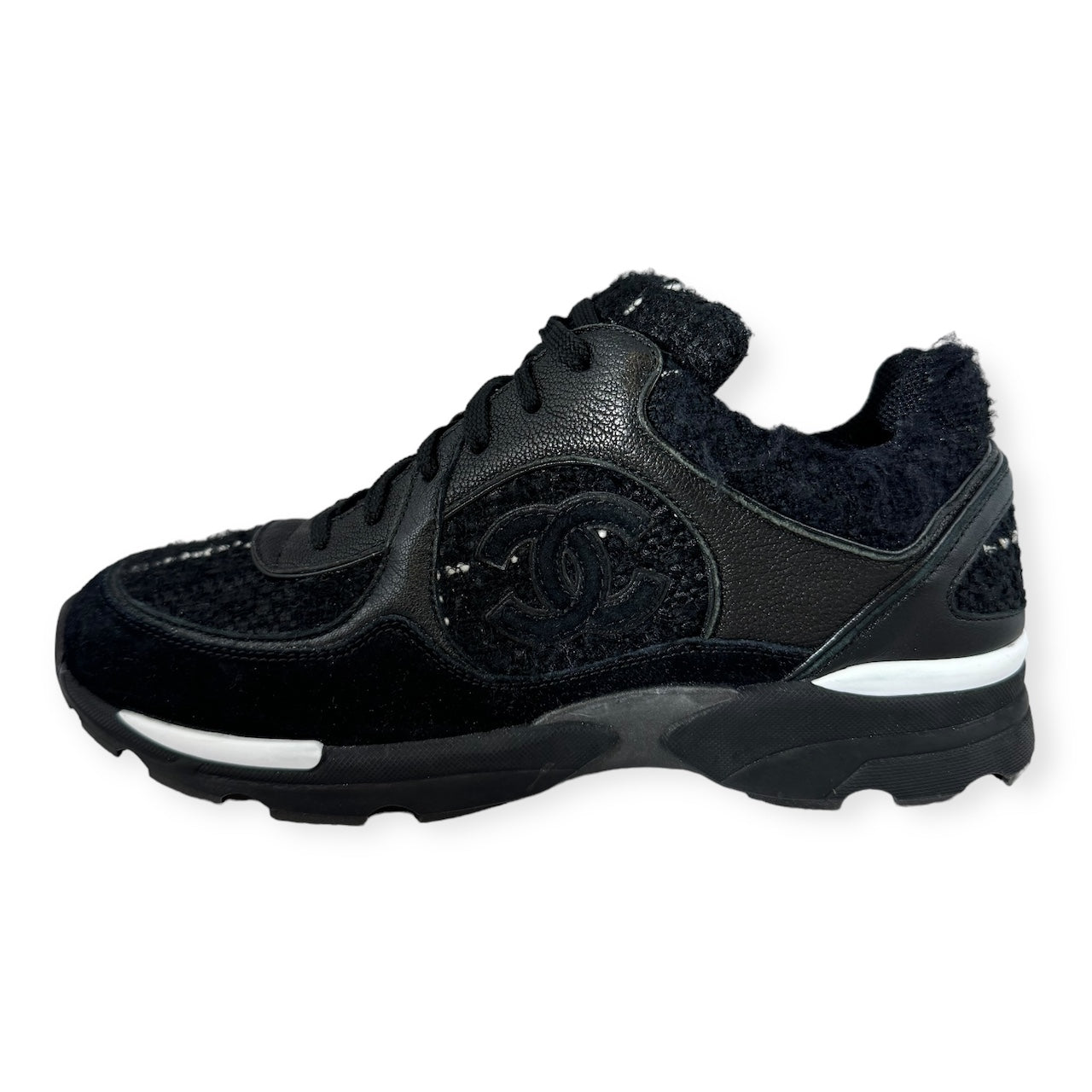CHANEL Tweed CC Sneakers in Black | Size 39.5