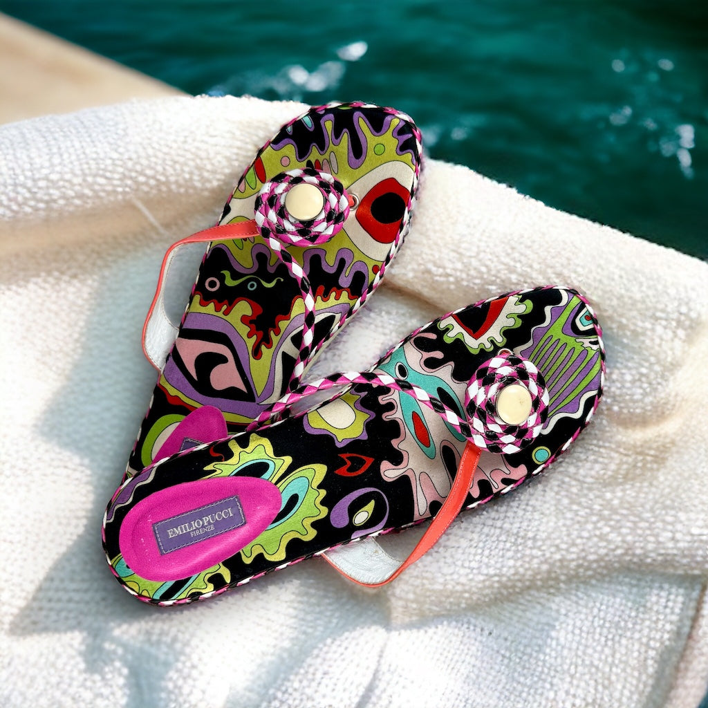 EMILIO PUCCI Print Flip Flops in Pink Multi | Size 38