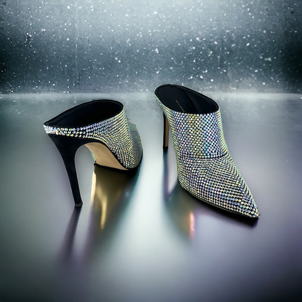 GIUSEPPE ZANOTTI Crystal Mules in Black | Size 37.5