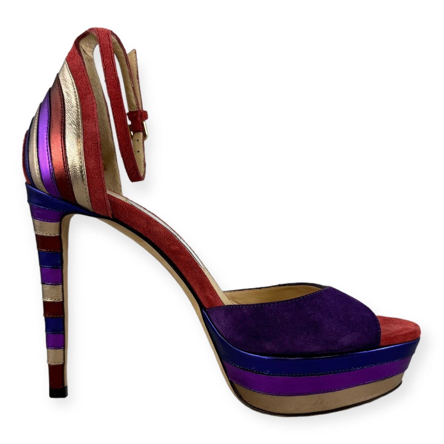 JIMMY CHOO METALLIC Stripe Sandals in Purple Multi | Size 36.5