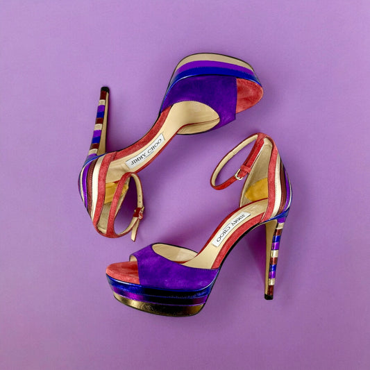 JIMMY CHOO METALLIC Stripe Sandals in Purple Multi | Size 36.5