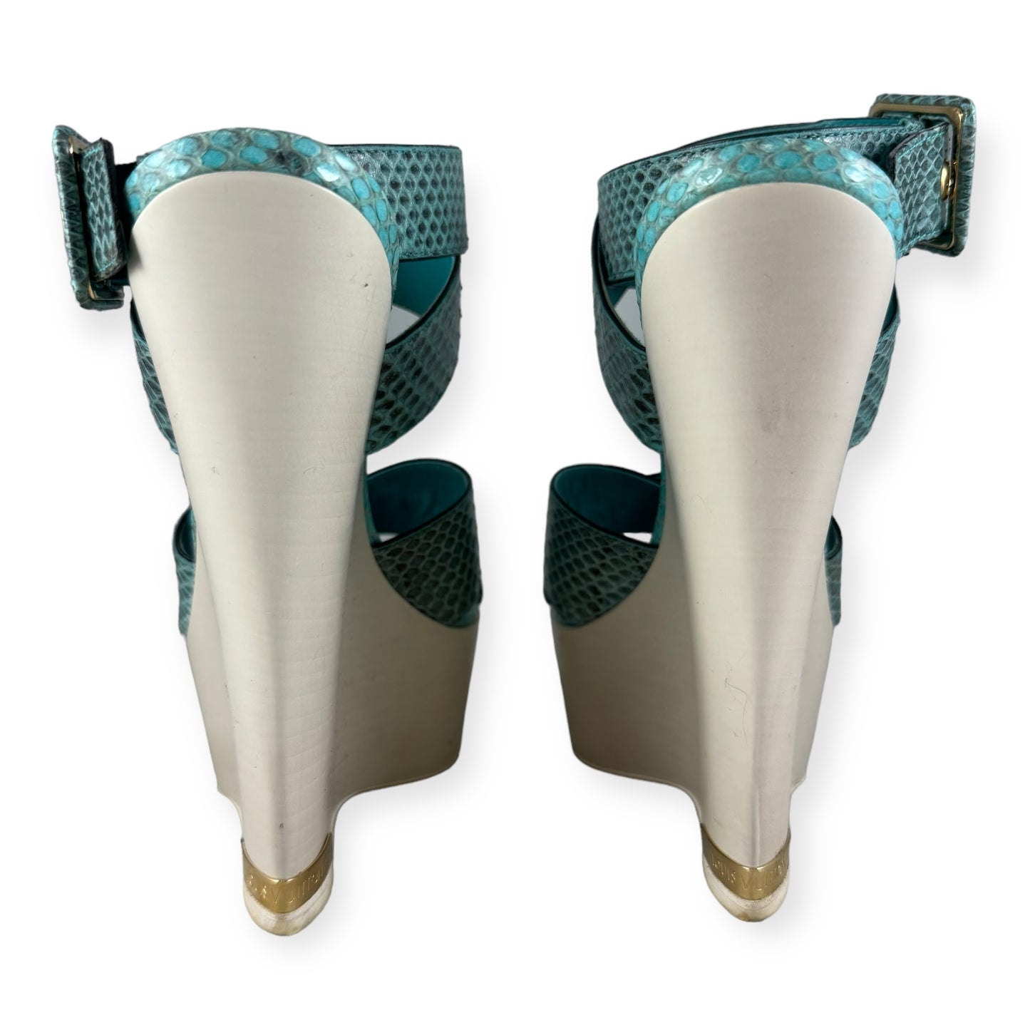 LOUIS VUITTON Snake Wedge Sandals in Turquoise | Size 37.5