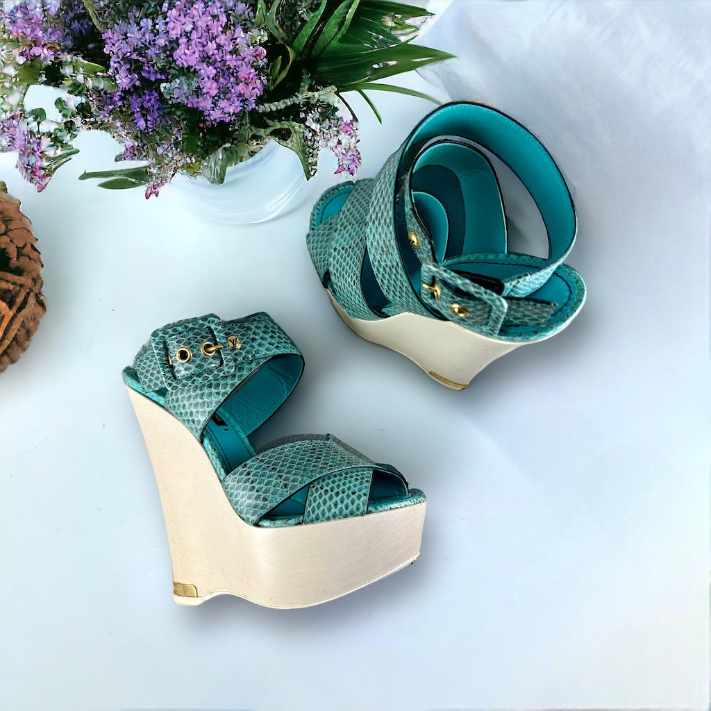 LOUIS VUITTON Snake Wedge Sandals in Turquoise Size MTYCI