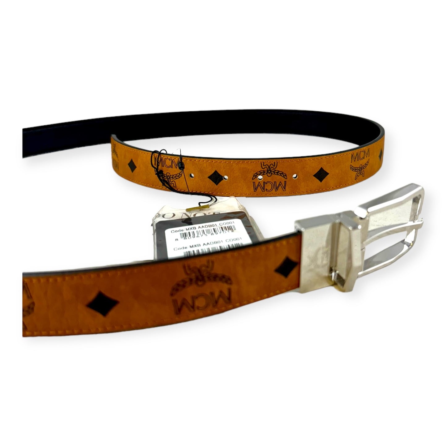 MCM Visetos Reversible Belt in Cognac Black | Size Large