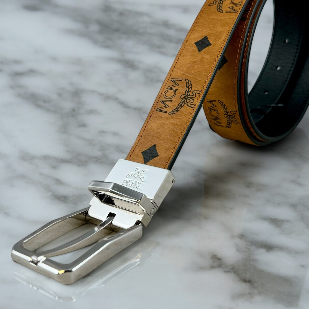 MCM Visetos Reversible Belt in Cognac Black | Size Large
