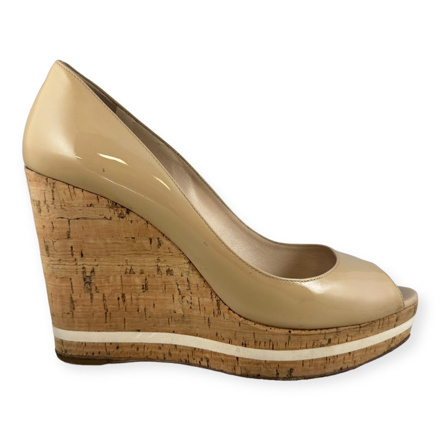 PRADA Patent Cork Wedges in Nude | Size 39