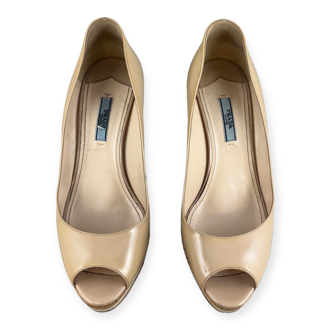 PRADA Patent Cork Wedges in Nude | Size 39
