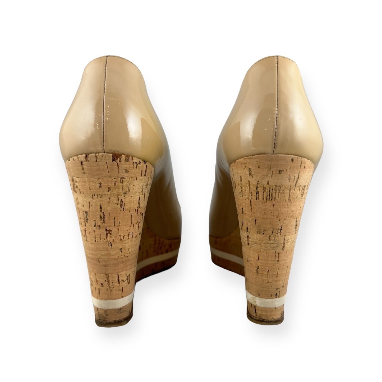PRADA Patent Cork Wedges in Nude | Size 39