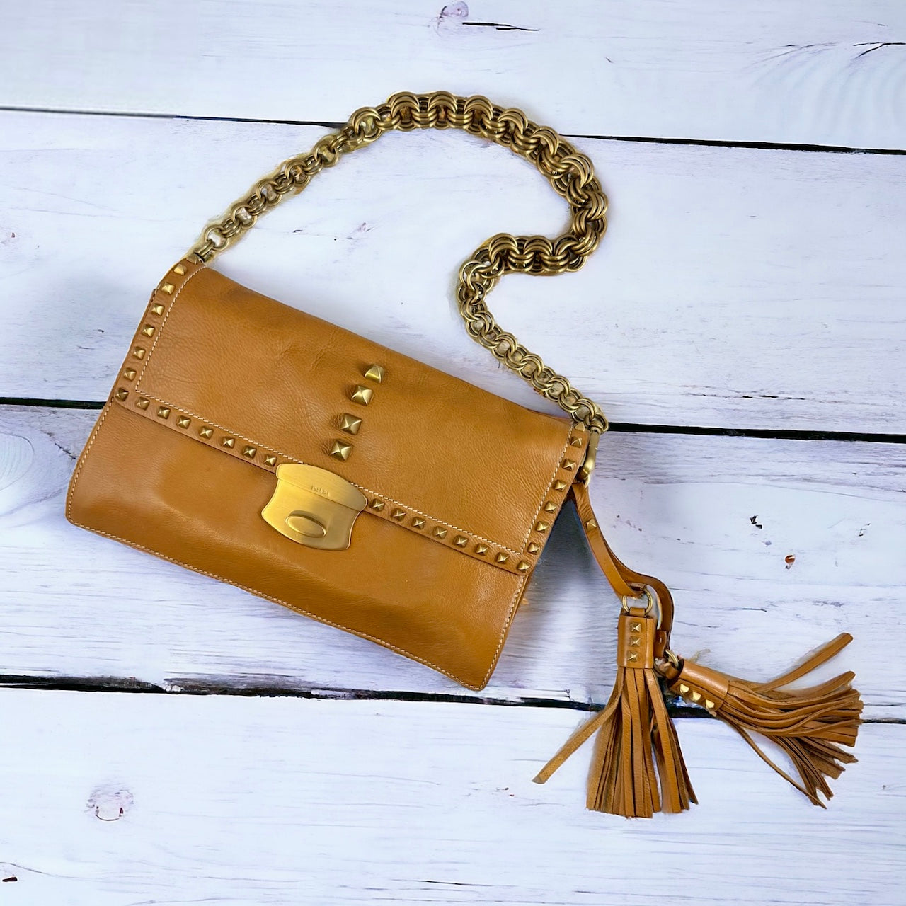 PRADA Studded Chain Shoulder Bag in Scotch