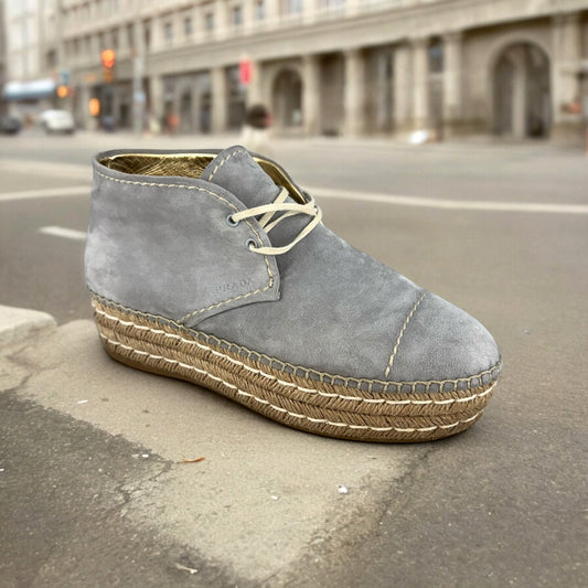 PRADA Suede Espadrille Lace Ups in Grey | Size 39.5
