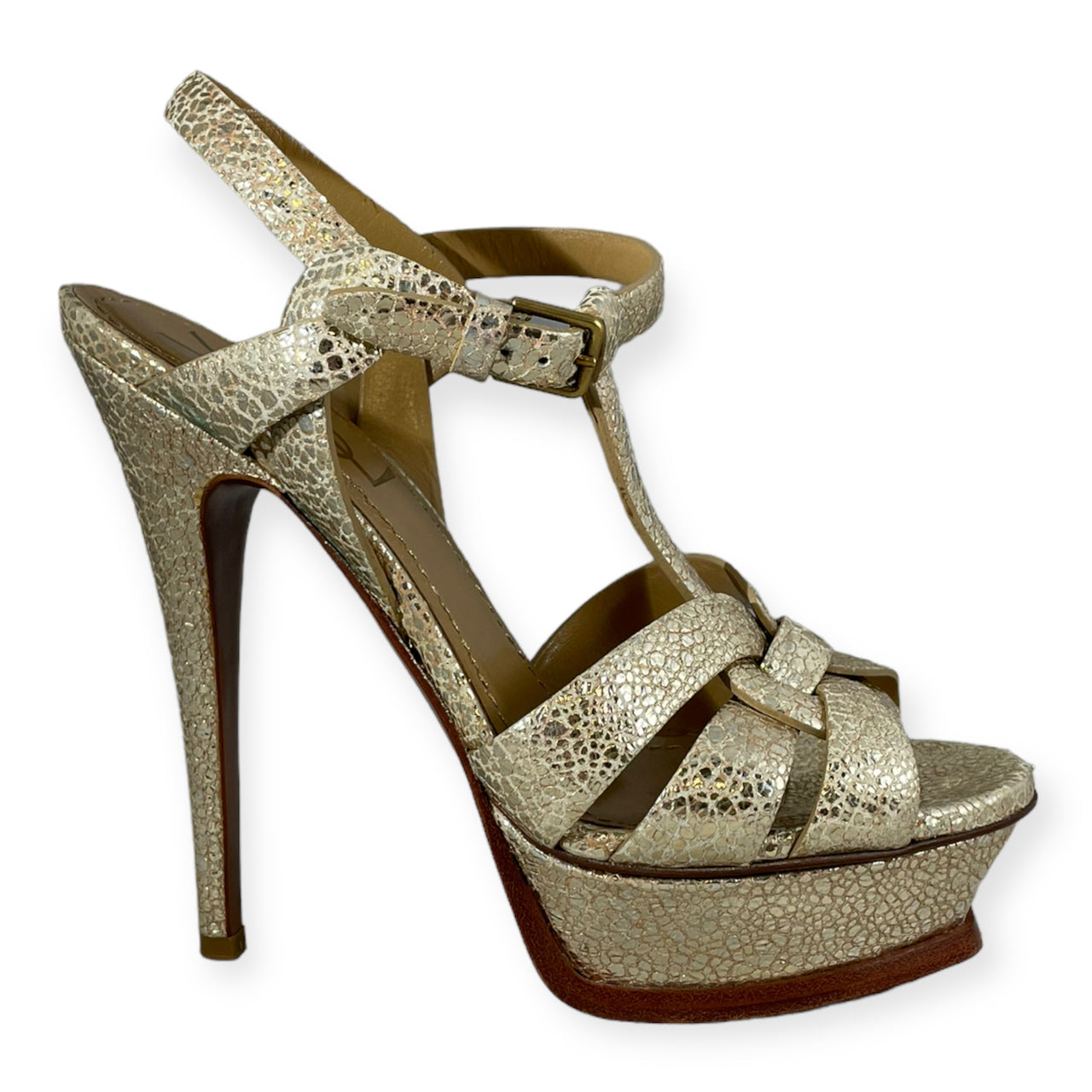 SAINT LAURENT Tribute Sandals in Gold | Size 35.5