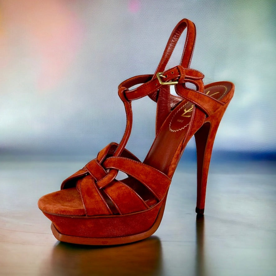 SAINT LAURENT Tribute Sandals in Burnt Orange Size 39 – More