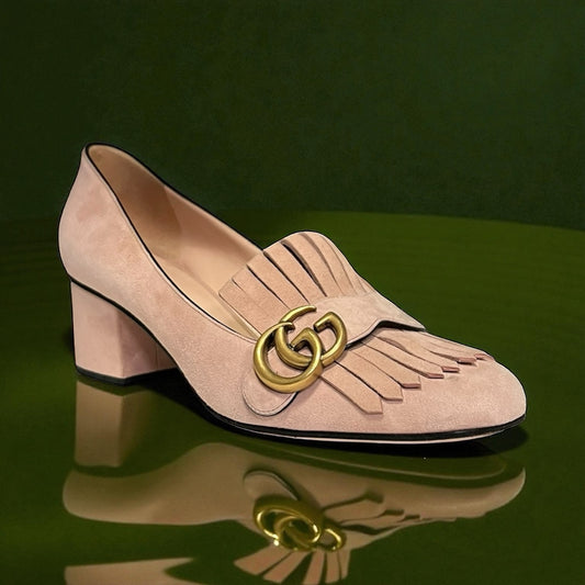 GUCCI Marmont Fringe Block Heels in Blush Suede | 38.5