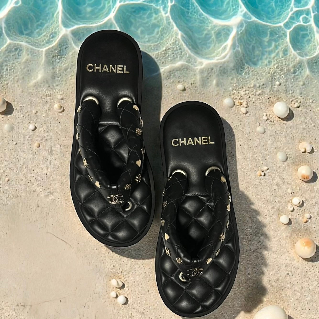 CHANEL CC Charm Quilted Flip Flop Sandals in Black | 38