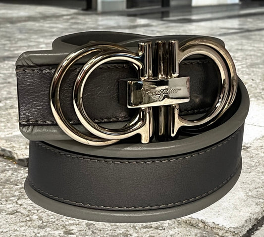 FERRAGAMO Vintage Gancini Belt in Gray & Gunmetal | 100cm