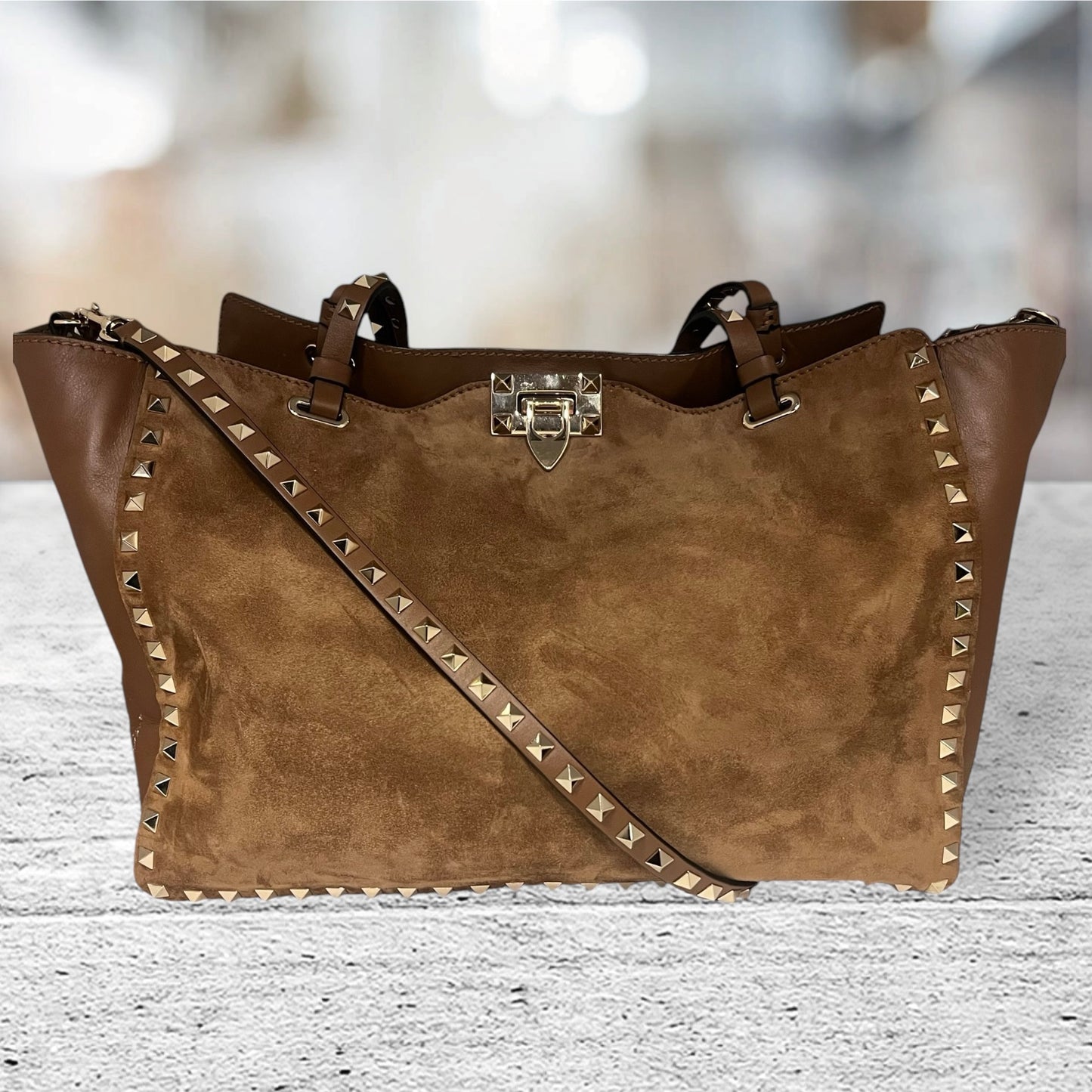 VALENTINO Suede Rockstud Tote in Light Brown