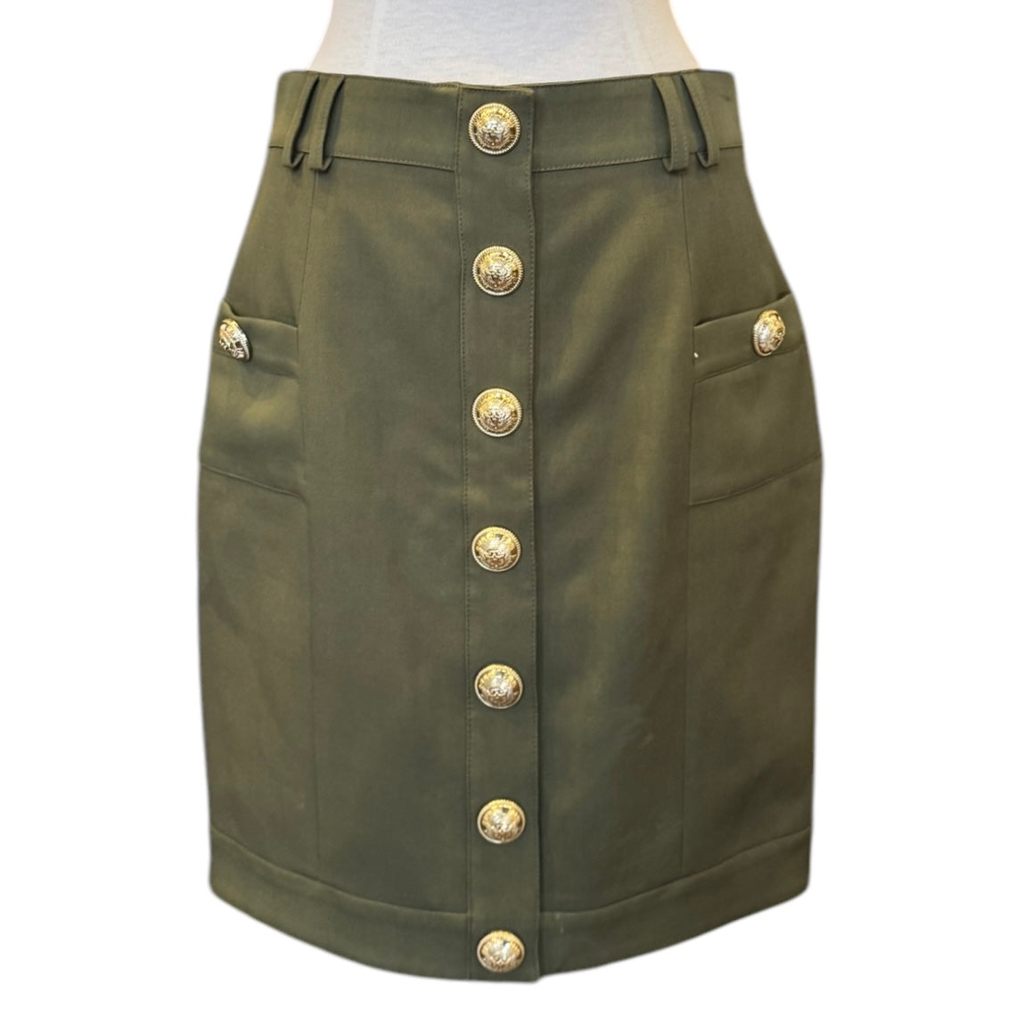 BALMAIN Button Pencil Skirt in Olive