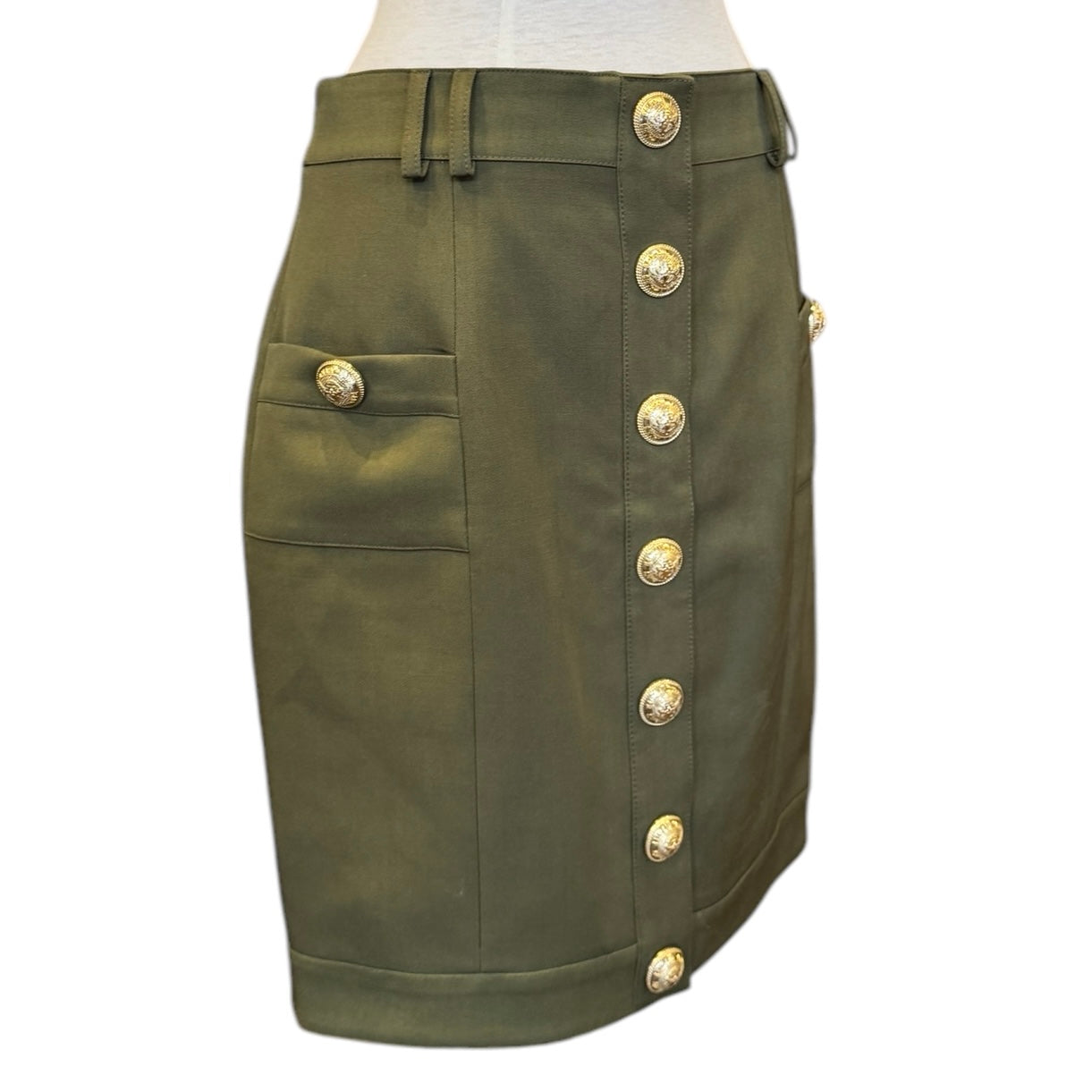 BALMAIN Button Pencil Skirt in Olive