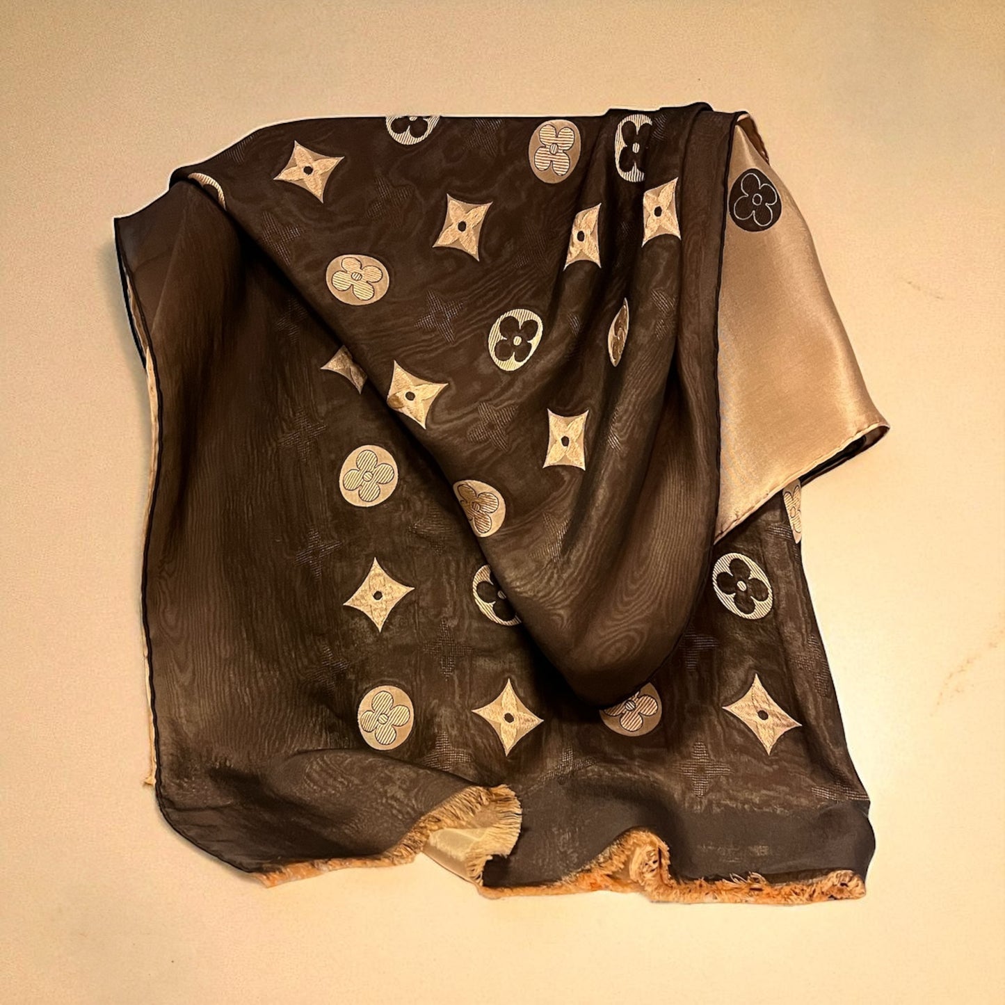 LOUIS VUITTON Floral Logo Motif Contrast Silk Scarf