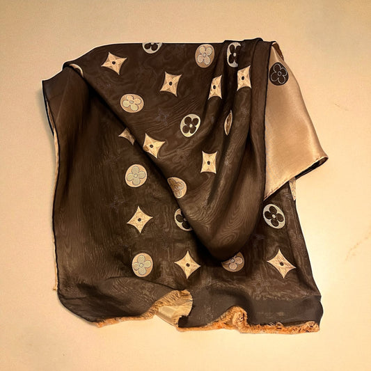 LOUIS VUITTON Floral Logo Motif Contrast Silk Scarf