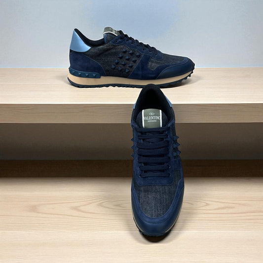 VALENTINO Denim & Suede Rockrunner Sneakers in Blue | 39.5