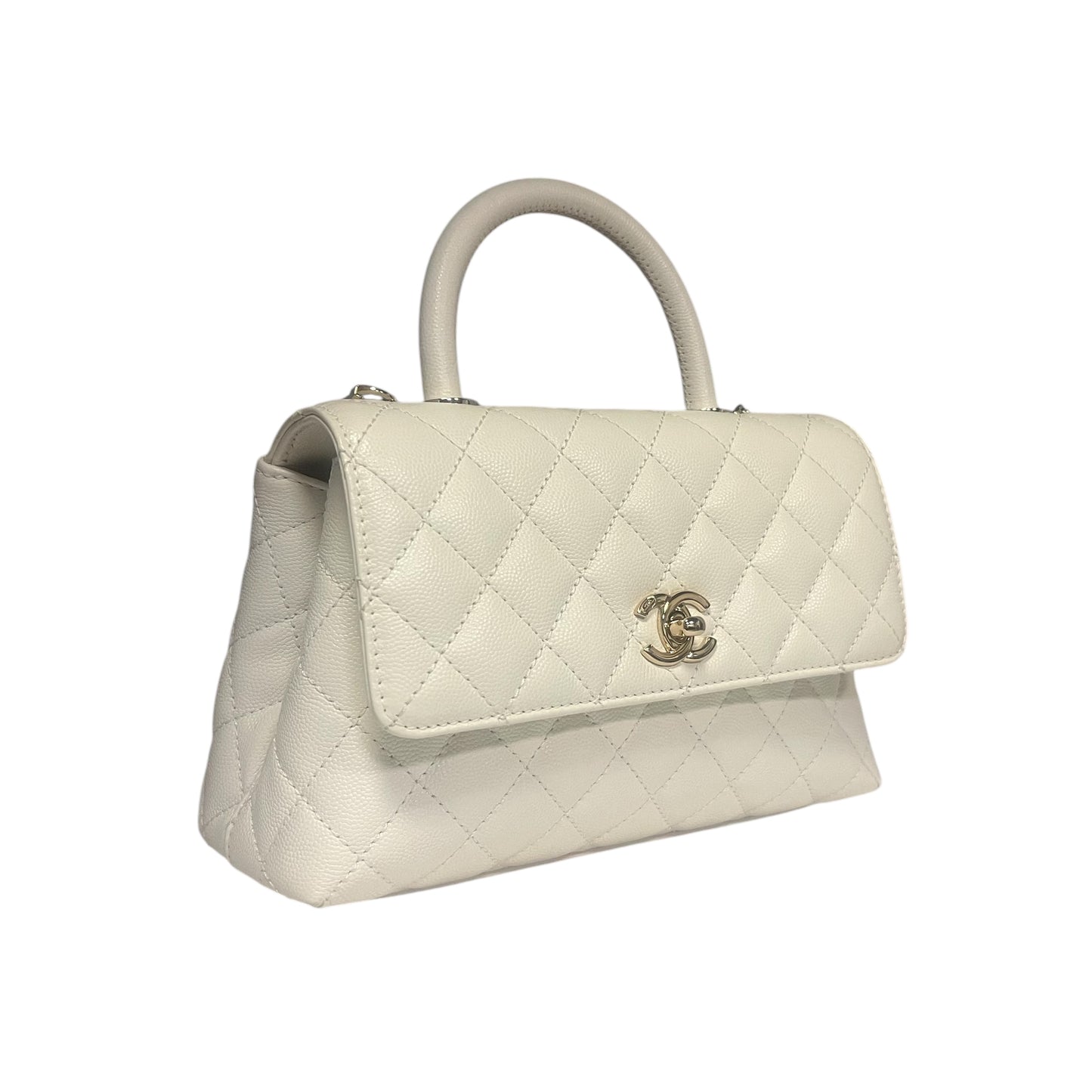 CHANEL Coco Top Handle Flap Bag in White Caviar