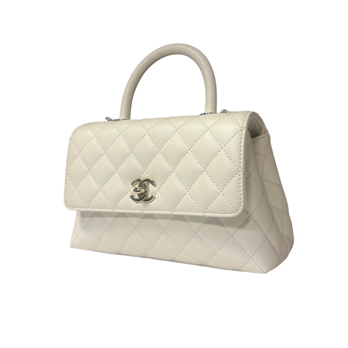 CHANEL Coco Top Handle Flap Bag in White Caviar