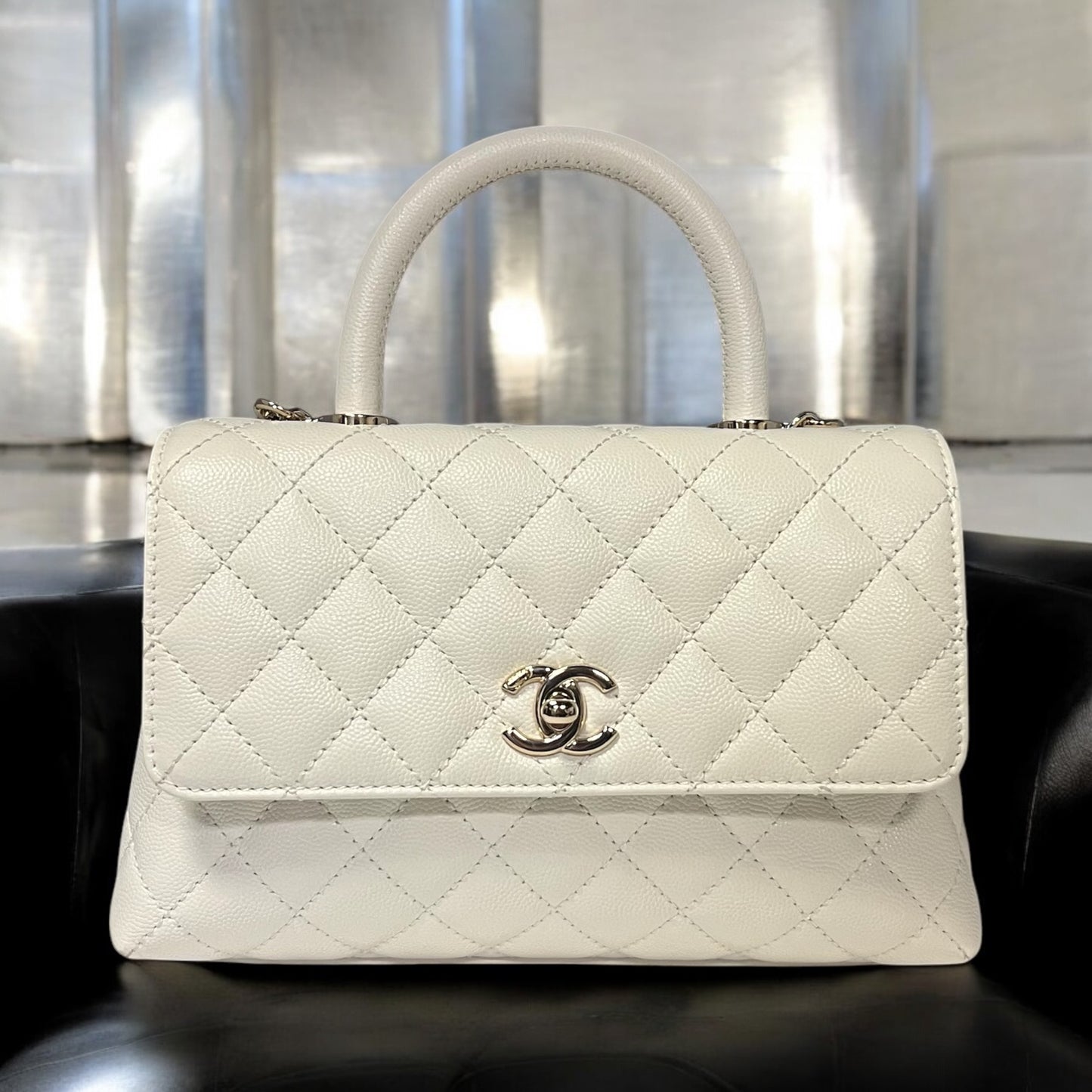 CHANEL Coco Top Handle Flap Bag in White Caviar