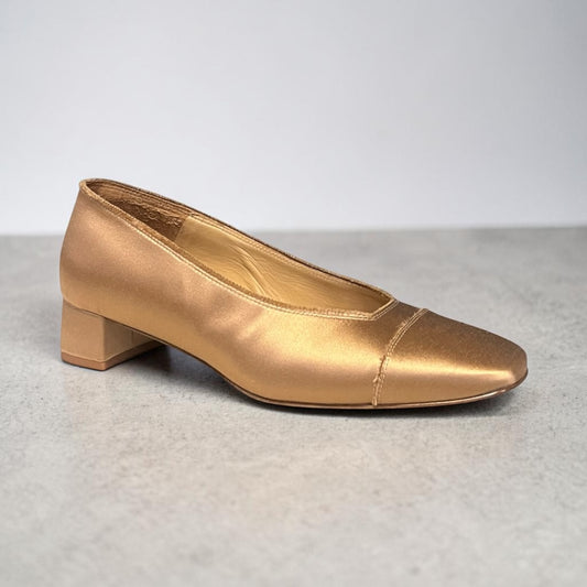 PEDRO GARCIA Satin Block Heel Pumps in Gold | 39