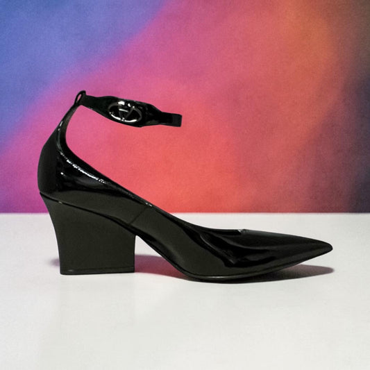 VALENTINO VLogo Patent Mid Heel Pump in Black | 36.5