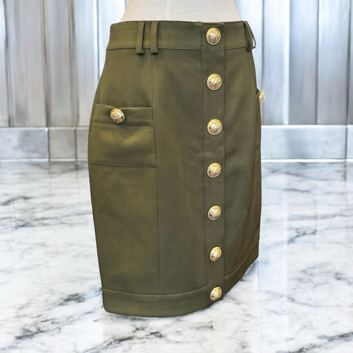 BALMAIN Button Pencil Skirt in Olive