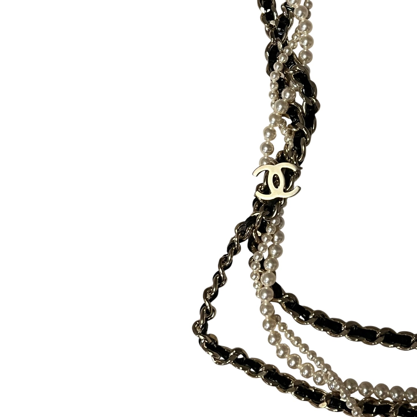 CHANEL Multi Strand Classic Chain + Pearl CC Charm Necklace