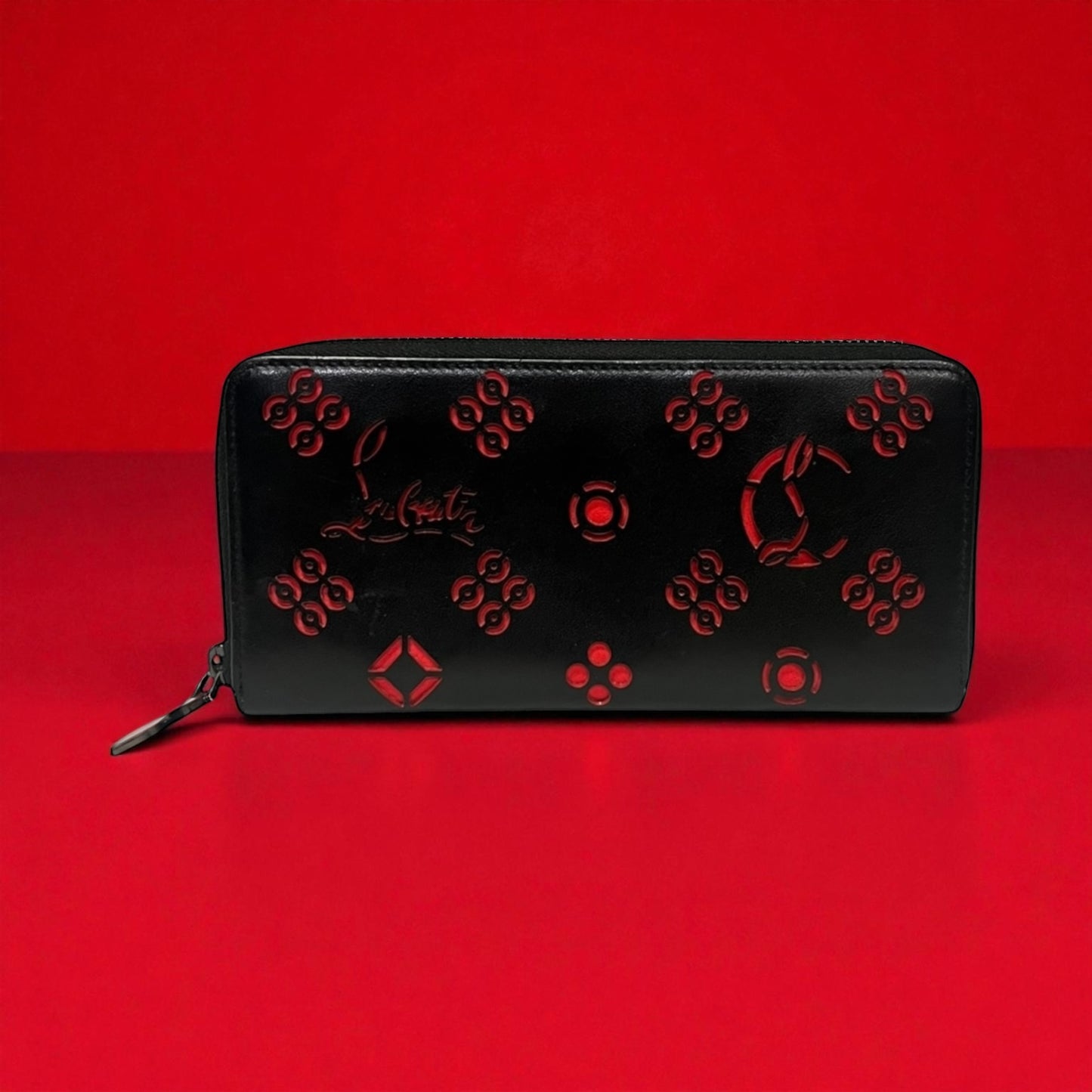 CHRISTIAN LOUBOUTIN Lasercut Panettone Wallet in Black & Red