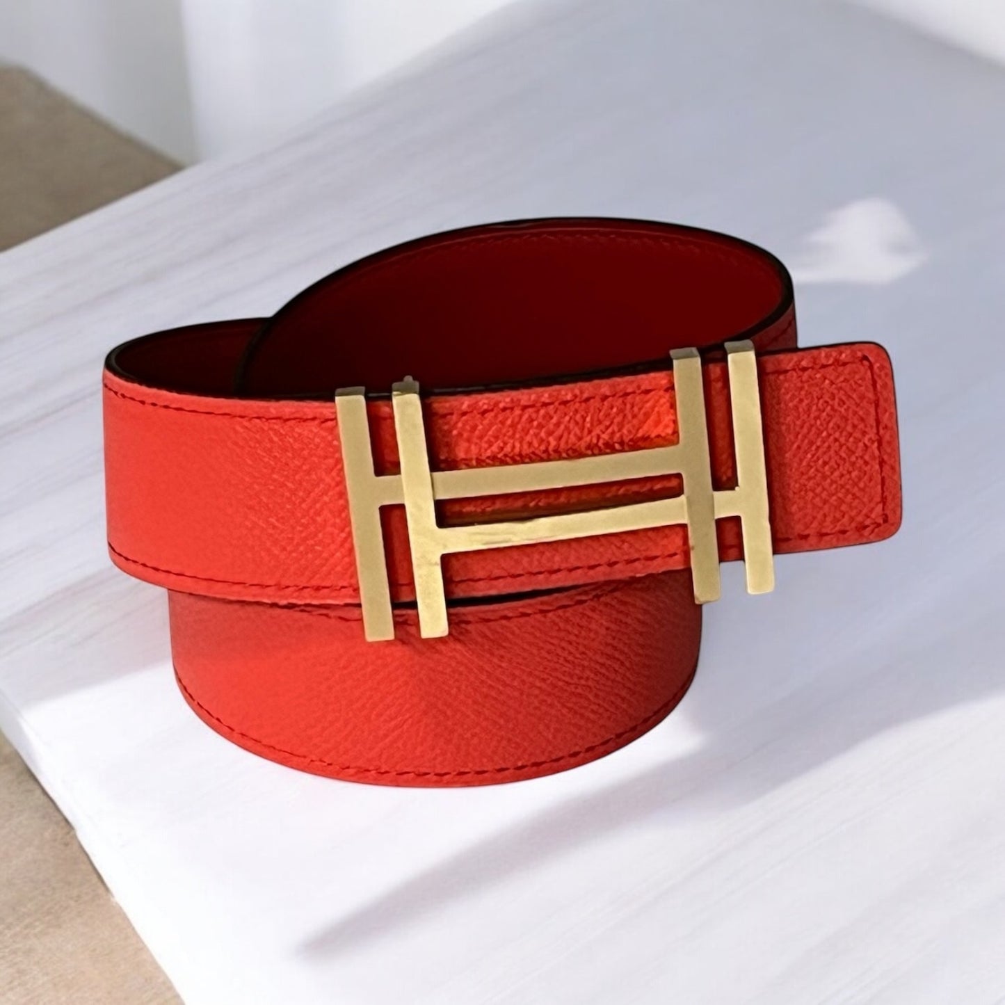 HERMES H Au Carre | 32mm 100cm Reversible Belt in Rouge Casaque & Rose Jaipur Belt in Epsom