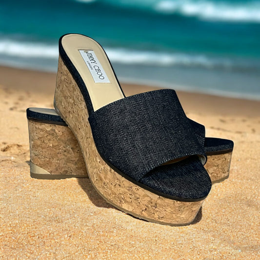 JIMMY CHOO Denim+Cork Wedges | 39.5