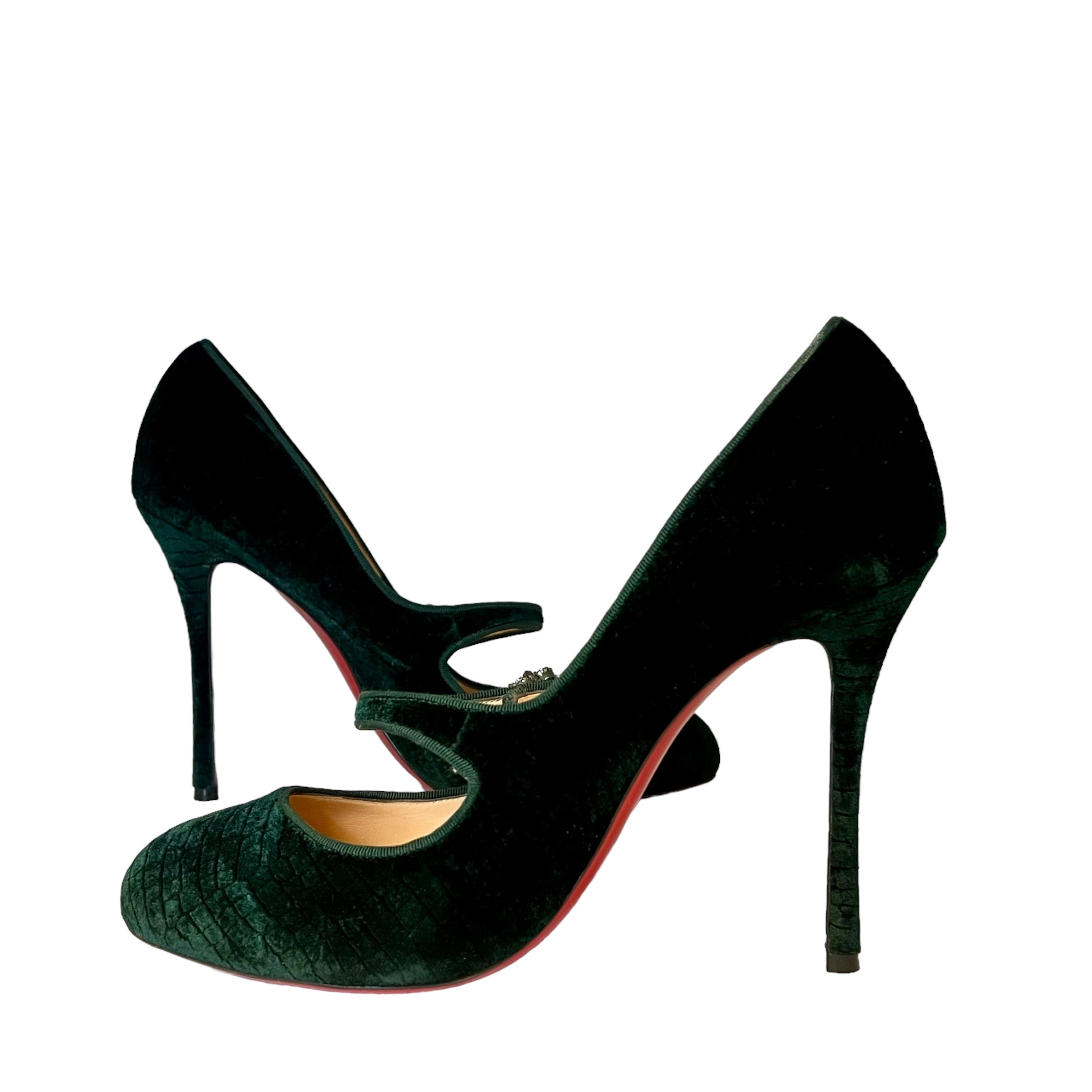 CHRISTIAN LOUBOUTIN Crystal Button Velvet Mary Jane Pumps CHRISTIAN LOUBOUTIN Crystal Button Velvet Mary Jane Pumps