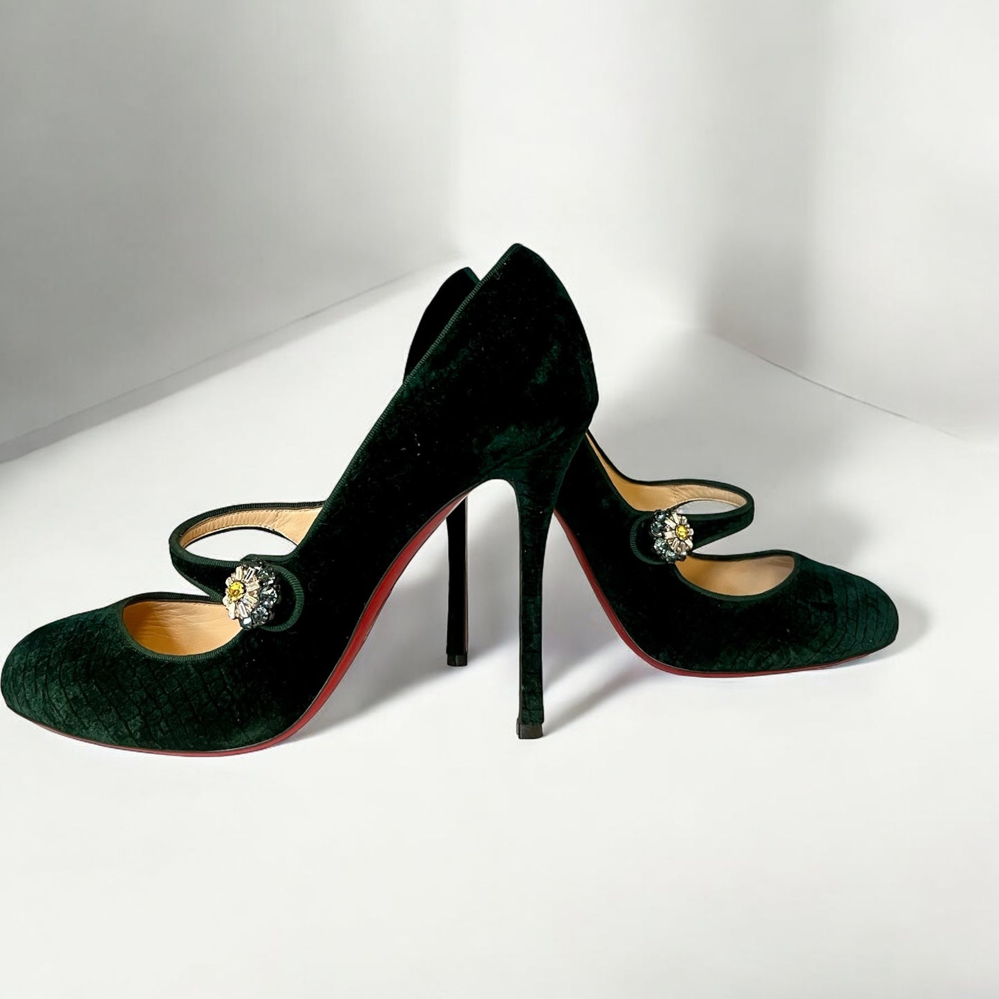 CHRISTIAN LOUBOUTIN Crystal Button Velvet Mary Jane Pumps | 40