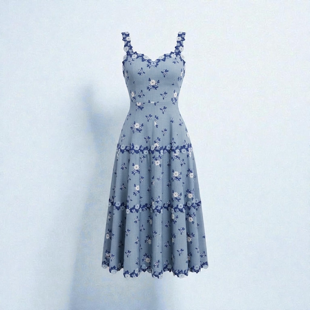 ANDREW GN Floral Applique Twill Dress in Blue & White | 6