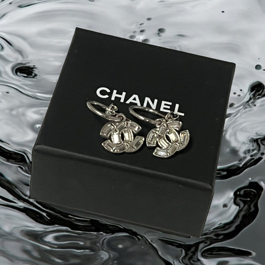 CHANEL Silver Tone Baguette Crystal CC Dangle Earrings