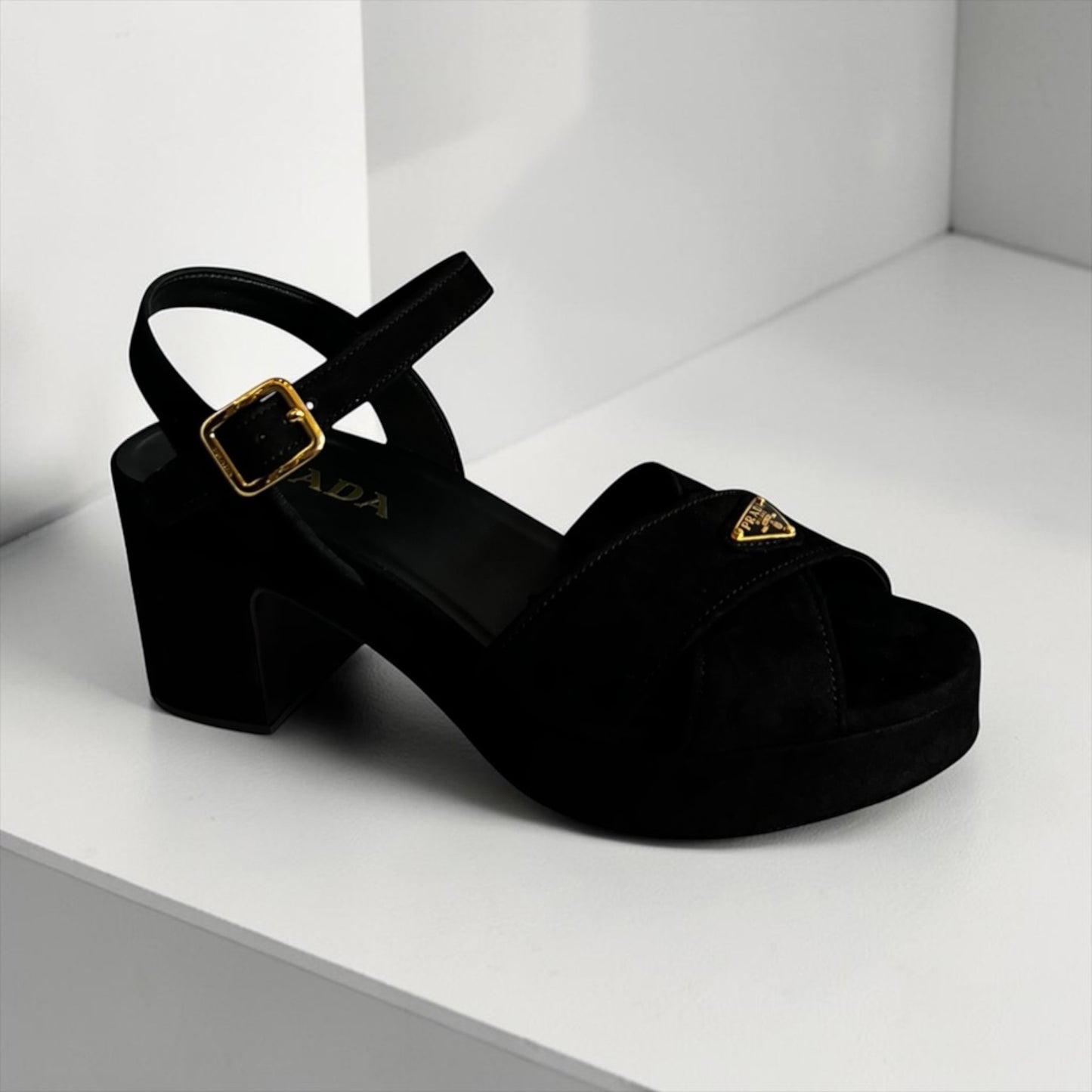 PRADA Block Heel Sandals in Black Suede | 37.5