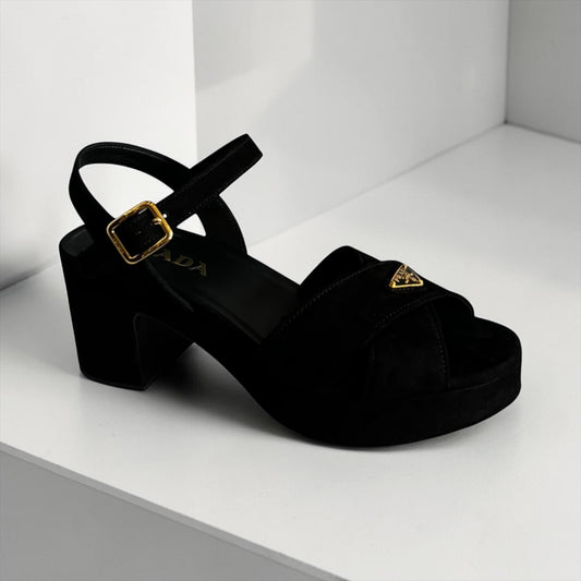 PRADA Block Heel Sandals in Black Suede | 37.5