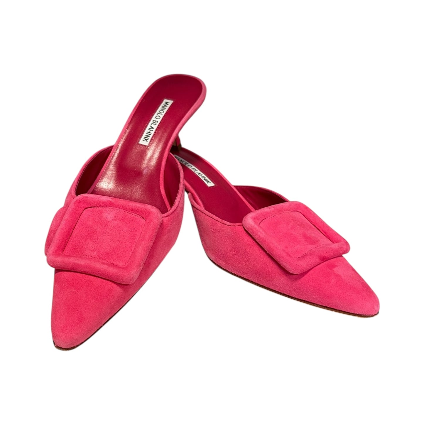 MANOLO BLAHNIK Suede Buckle Mules in Pink | 40