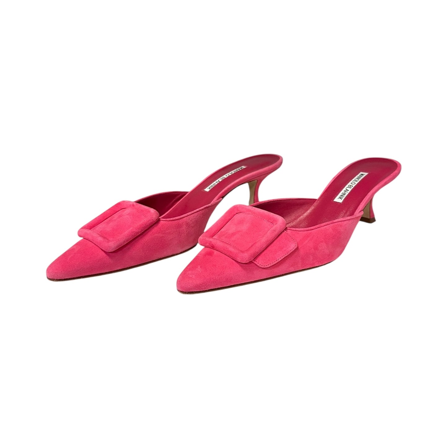MANOLO BLAHNIK Suede Buckle Mules in Pink | 40