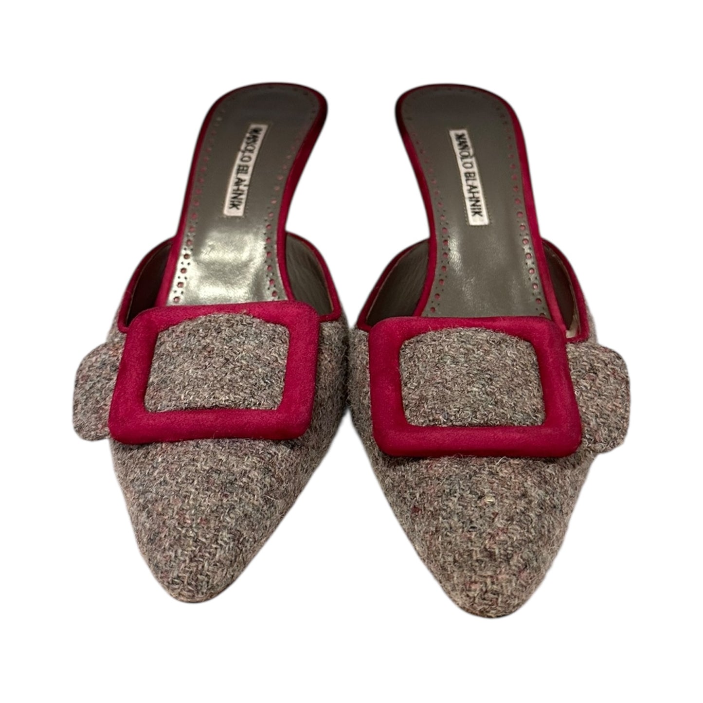 MANOLO BLAHNIK Buckle Mules in Gray + Raspberry | 41.5