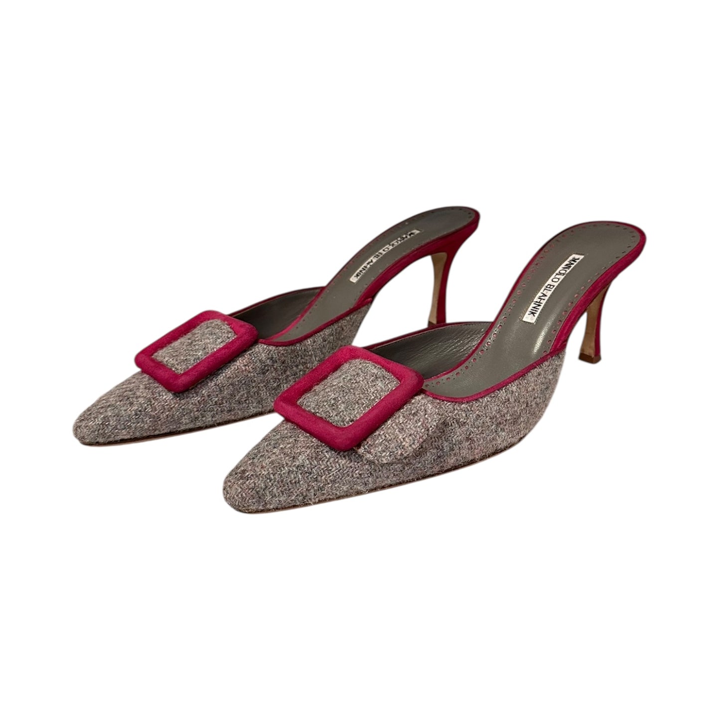 MANOLO BLAHNIK Buckle Mules in Gray + Raspberry | 41.5