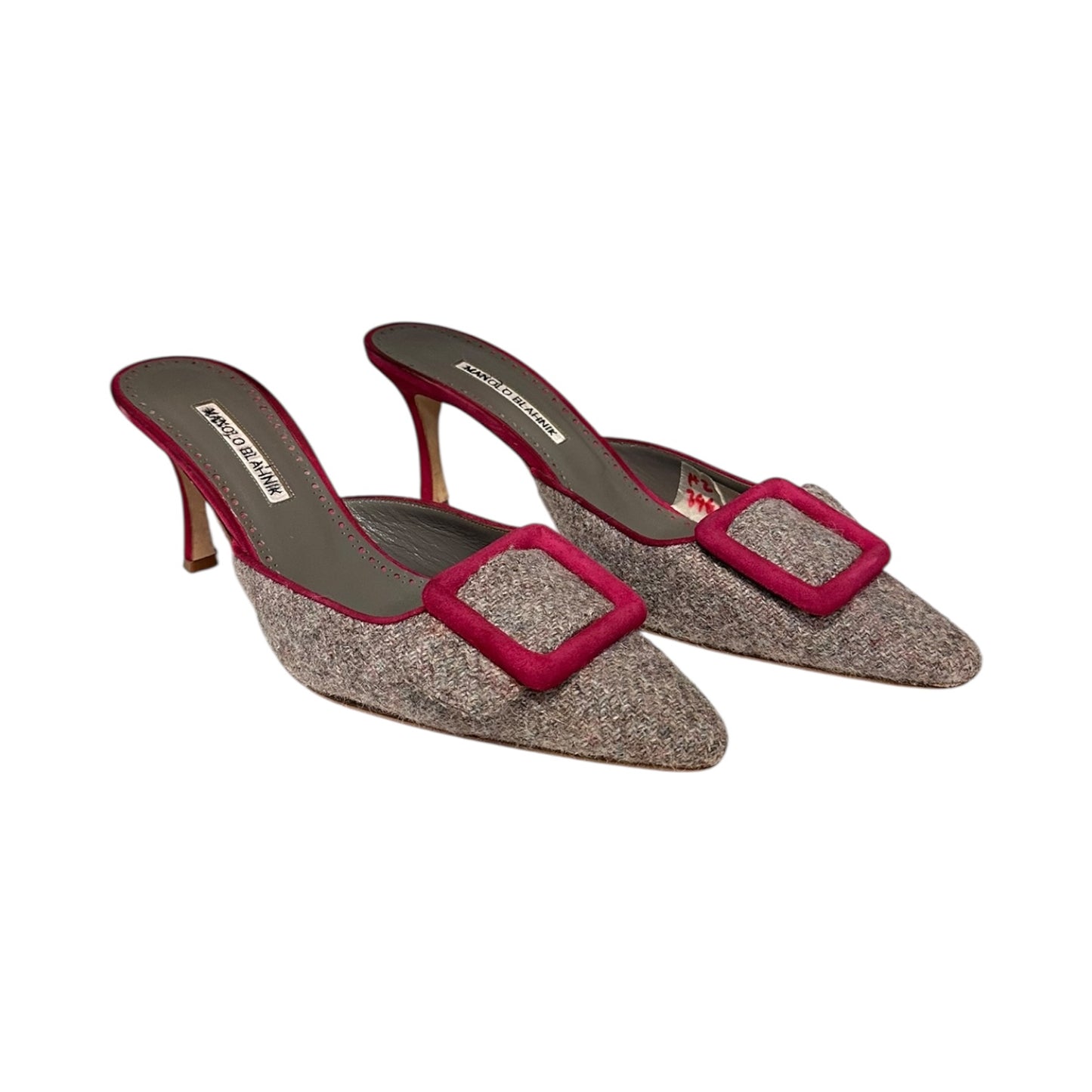 MANOLO BLAHNIK Buckle Mules in Gray + Raspberry | 41.5