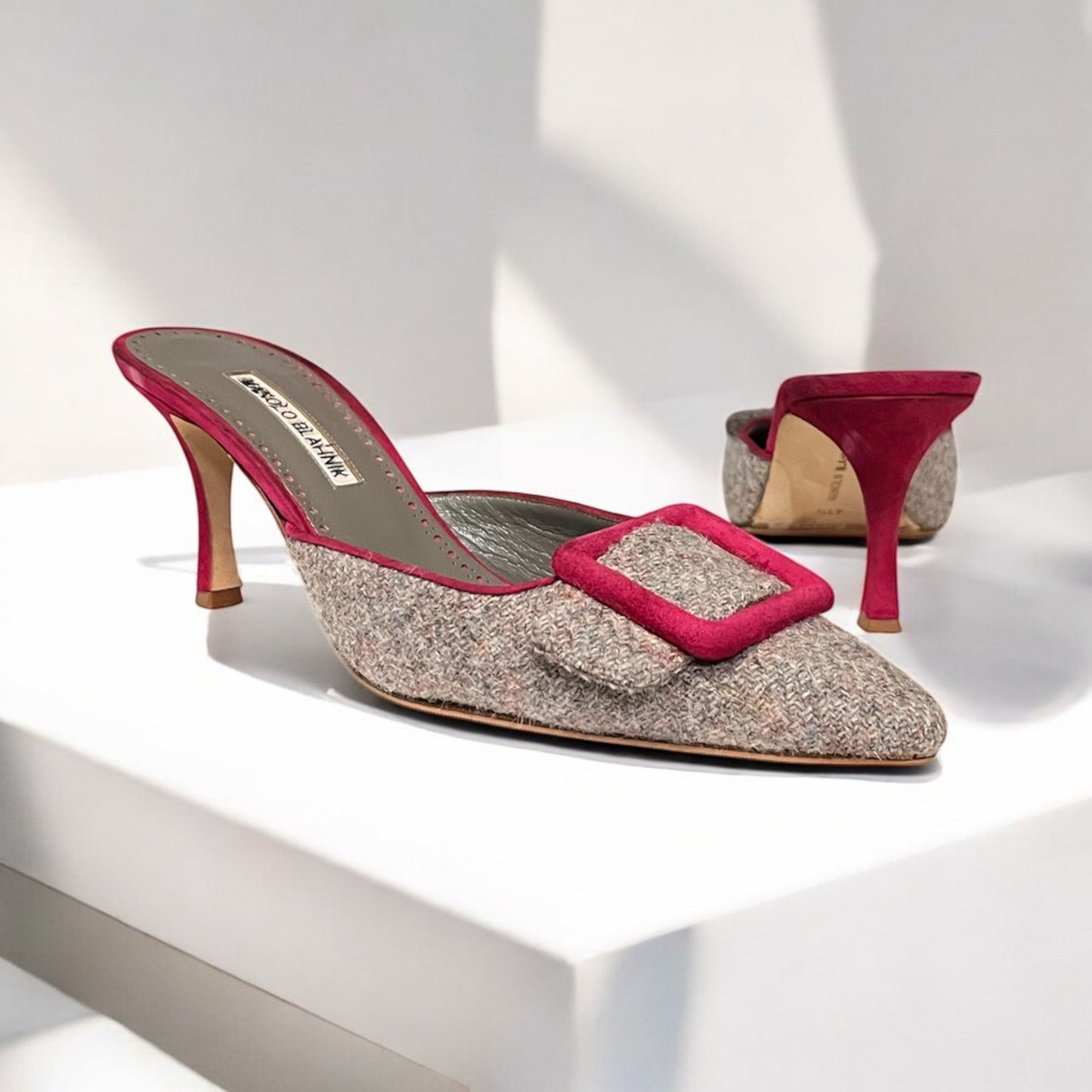 MANOLO BLAHNIK Buckle Mules in Gray + Raspberry | 41.5