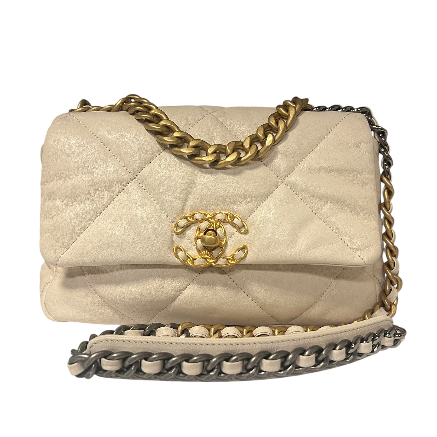 CHANEL Medium Quilted Chanel 19 Flap Bag in Ivory